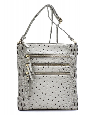 Ostrich Croc Multi Zipper Crossbody Bag OS093 GRAY